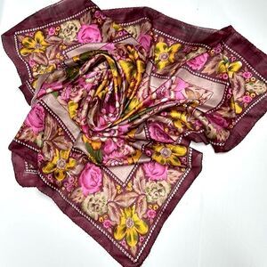 Square Silk Chiffon Scarf Floral Wine Yellow Pink Olive Green Hand Rolled